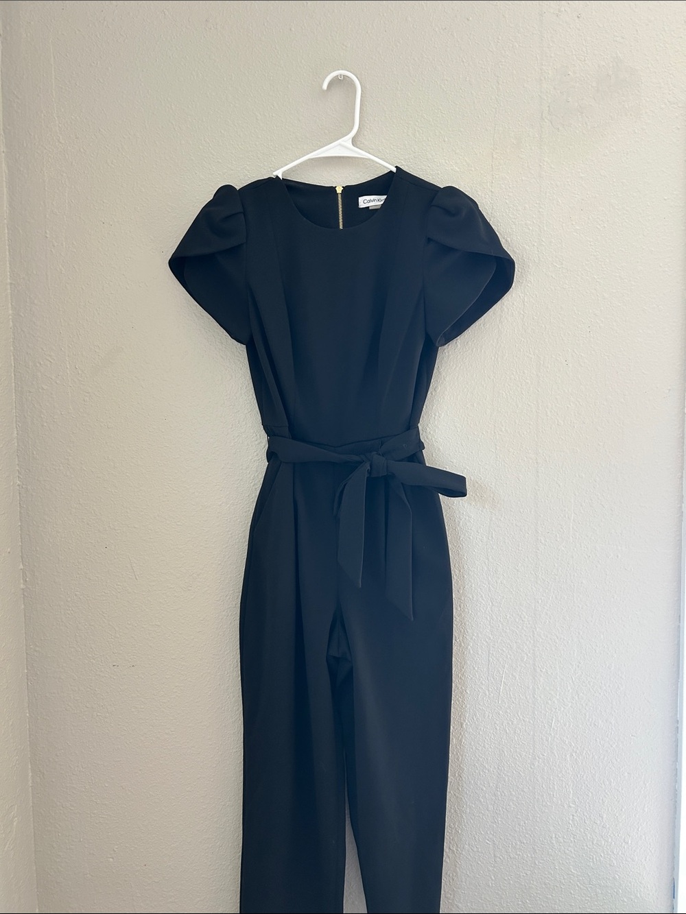 Calvin Klein Black Puff-Sleeve Jumpsuit with Self-Tie Belt
